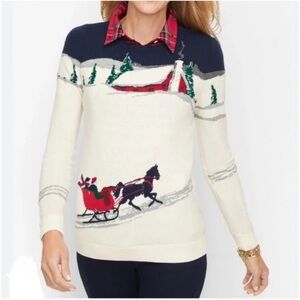 Talbots Winter Holiday Christmas Sweater Sleigh Scene Sz M Navy Cream Red